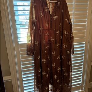 Brown Floral Tiered Maxi Dress with Button-Front Detail
